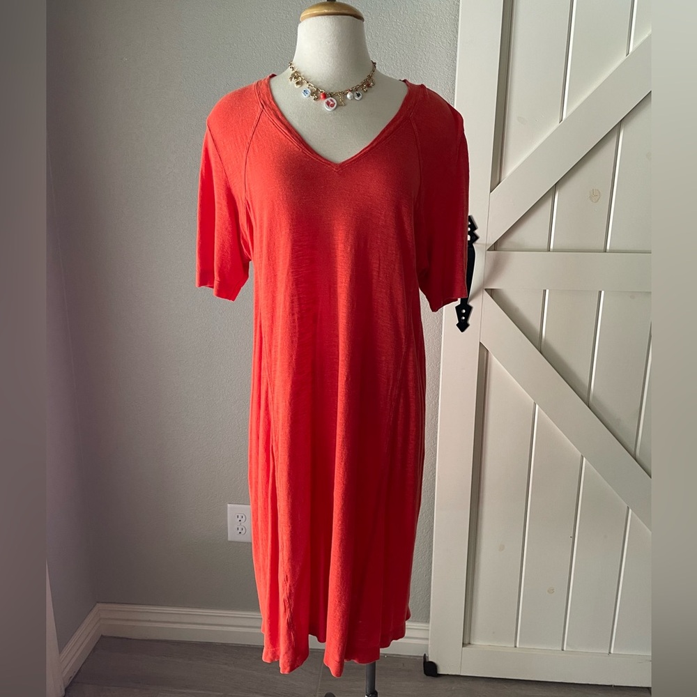 Eileen Fisher Orange Organic Cotton Hemp Twist Geranium V-Neck Dress